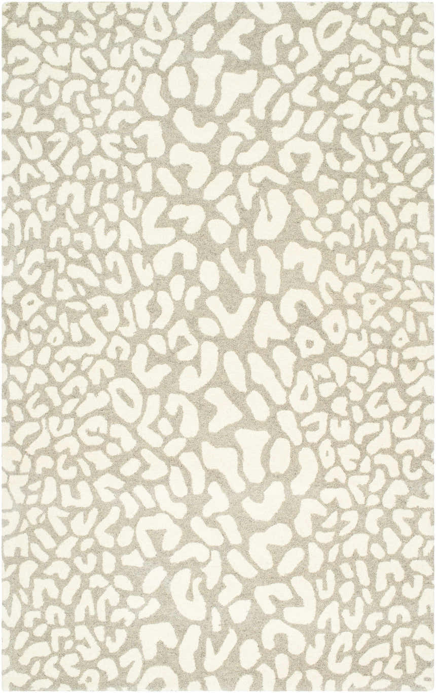 Close-up of the hand-tufted Azuka Leopard Print Area Rug. Beige and gray wool rug with a contemporary animal print pattern. Design-Rectangle-58