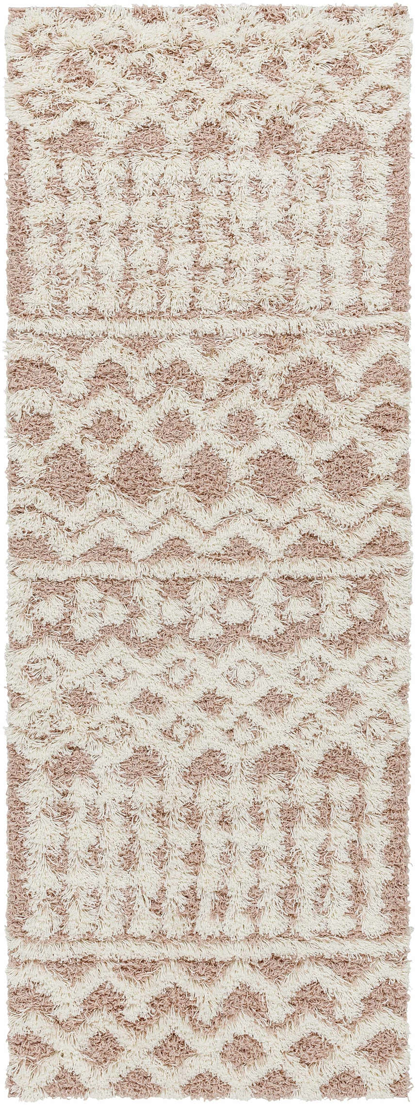 Close-up of the Azura Shag Area Rug. Features a geometric shag design in dark beige, dusty pink, and white thatch hues. Design-Runner-2773