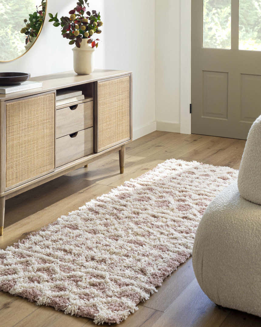 Entryway with a beige console table and pink and white Azura Shag Area Rug runner on wood floor. Roomscene-Runner