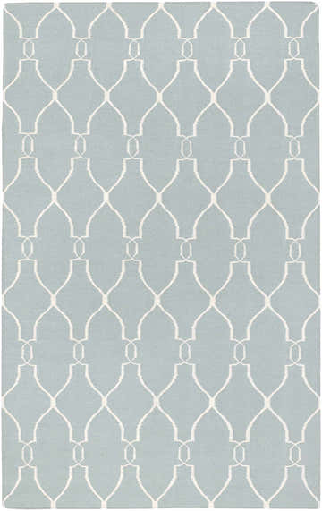 Baconton Blue/Beige Trellis Wool Rug. Close-up shows a light blue rug with a repeating white trellis pattern. Hand woven texture. Design-Rectangle-58
