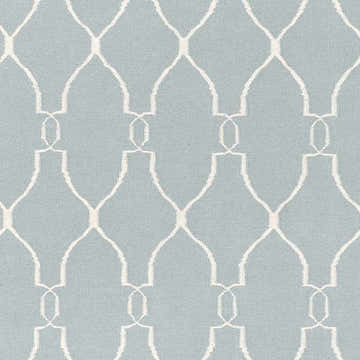 Close-up of Baconton Blue/Beige Trellis Wool Rug featuring a light blue background and an off-white geometric trellis pattern. Swatch