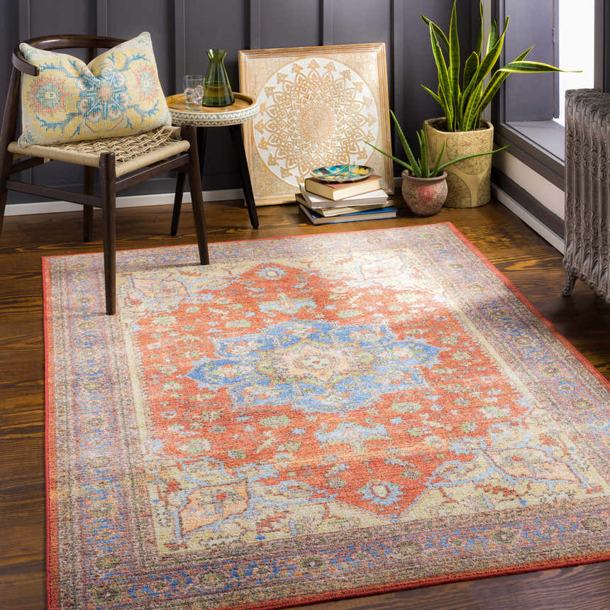 Living room scene with a Bacoor Washable Area Rug in beige, brick red, and blue oriental pattern on hardwood floor. Roomscene-Rectangle