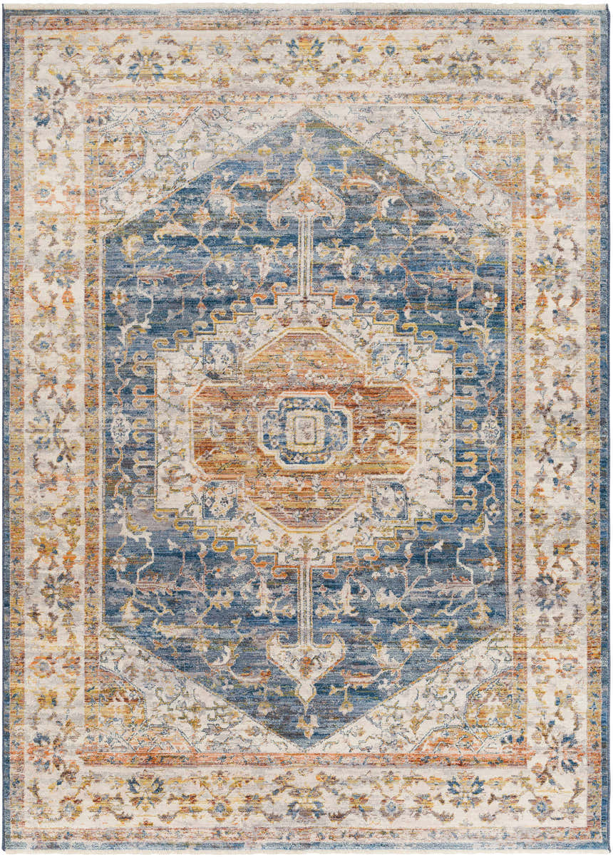 Distressed Solana Area Carpet with a blue, orange, and cream medallion pattern. Bohemian style rug. Design-Rectangle-58