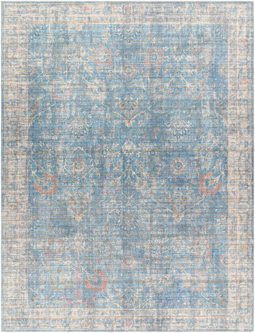Close-up of the Bagontapay Washable Area Rug. Blue, cream, and rose floral pattern with a traditional, distressed design. Design-Rectangle-710102
