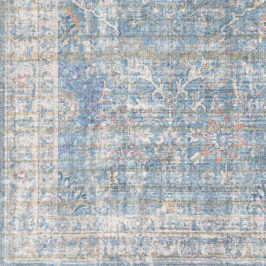 Close-up of the Bagontapay Washable Area Rug. Features a blue, cream, and light brown traditional floral pattern. Swatch