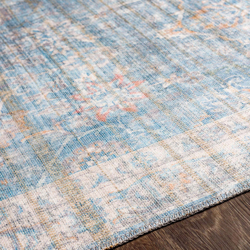 Close-up of the Bagontapay Washable Area Rug showing its blue, cream, and light brown traditional pattern and chenille texture. Texture