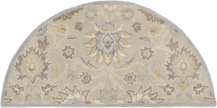 Close-up of the hearth-shaped Conesus 1192 rug. Hand-tufted wool rug in ivory, taupe, and pale blue with a traditional floral pattern. Design-Hearth