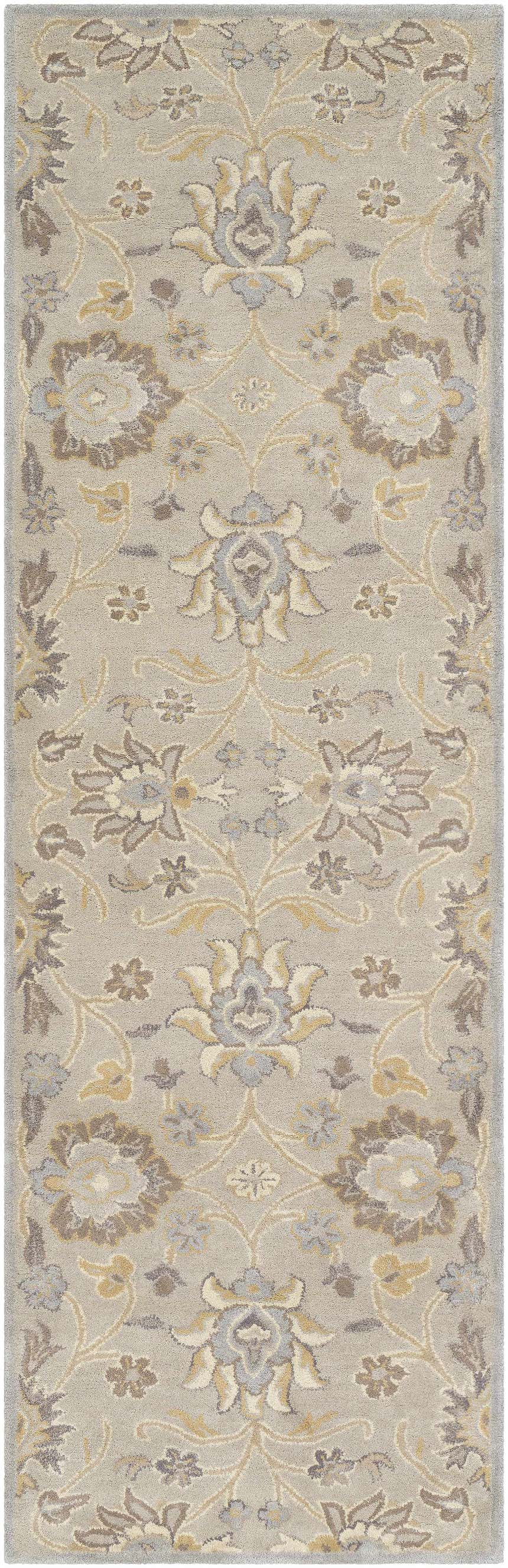 Close-up of the Conesus 1192 rug. Hand-tufted wool rug in ivory and taupe with a traditional floral pattern. Design-Runner-268