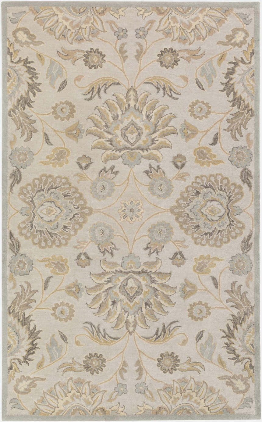 Close-up of the Conesus 1192 rug. Hand-tufted wool rug in ivory and taupe with a traditional floral pattern. Design-Rectangle-58