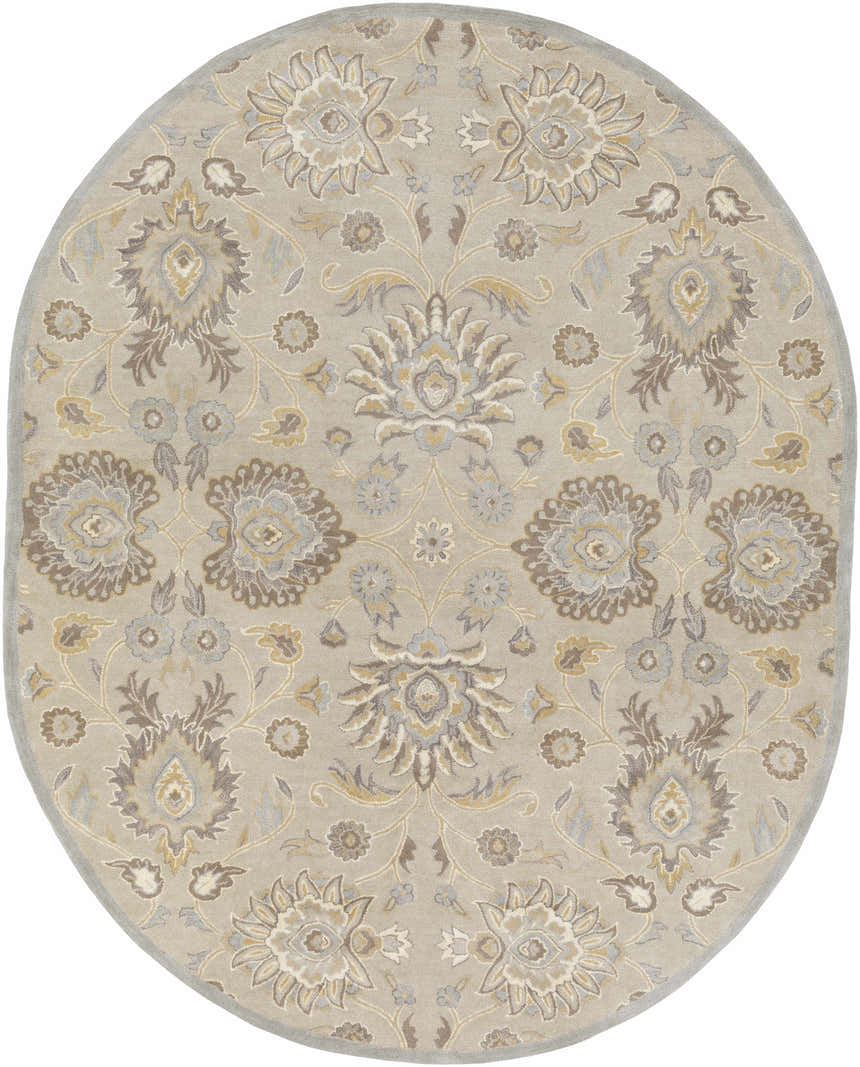 Oval Conesus 1192 rug. Hand-tufted wool rug in ivory, taupe, and pale blue with a traditional floral pattern. Design-Oval-810