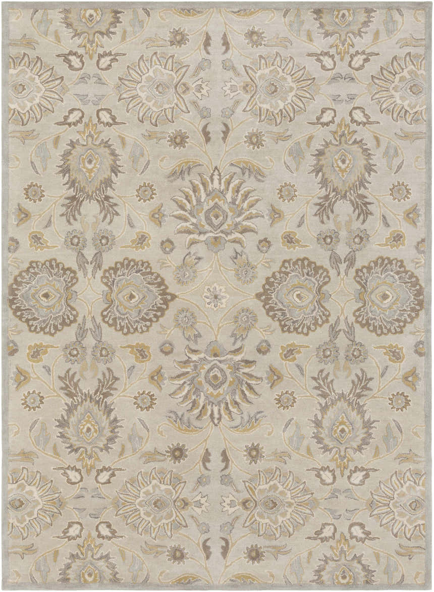 Close-up of the Conesus 1192 rug. Hand-tufted wool rug in ivory, taupe, and light brown with a traditional floral pattern. Design-Rectangle-811