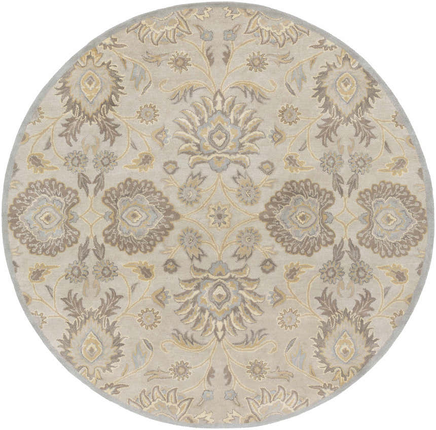 Close-up of round Conesus 1192 rug. Hand-tufted wool rug in ivory, taupe, light brown, and pale blue with floral pattern. Design-Round-8