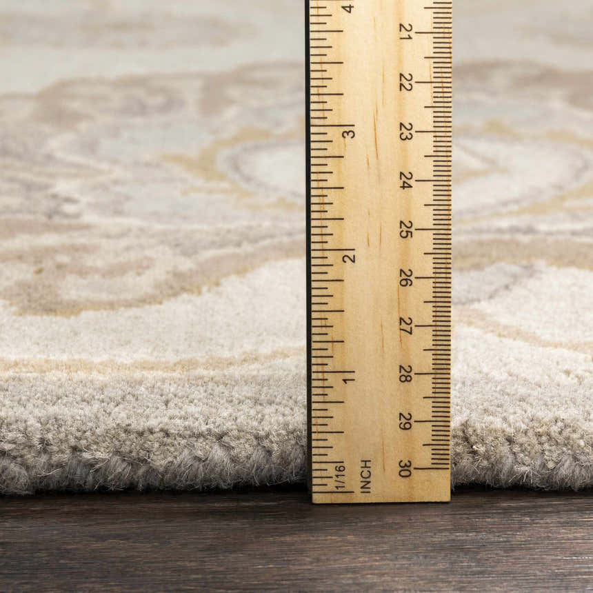 Close-up of the Conesus 1192 ivory and taupe wool rug showing its pile height with a ruler on a wood floor. Pile
