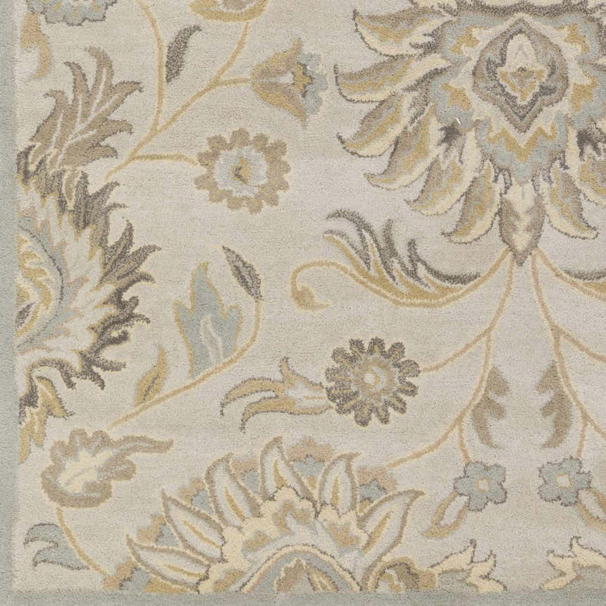 Close-up of the Conesus 1192 rug. Hand-tufted wool rug in ivory and taupe with a traditional floral pattern. Soft texture. Swatch
