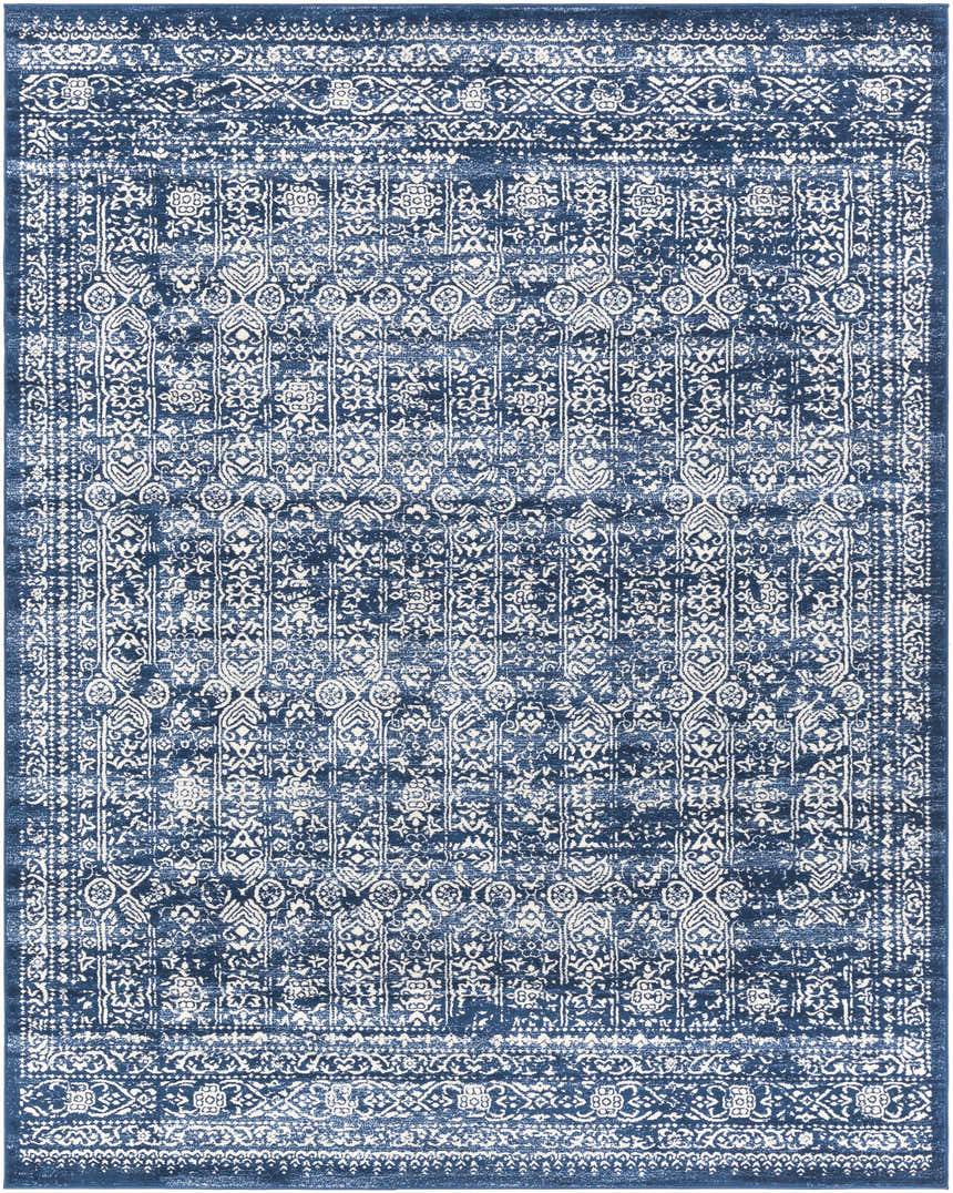 Close-up of the Michie Dark Blue Area Rug, featuring a distressed Bohemian-style white pattern on a dark blue background. Design-Rectangle-71010