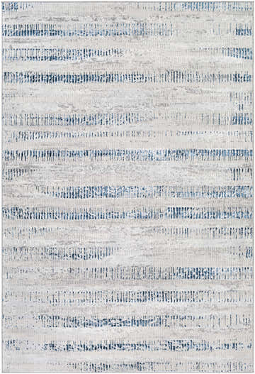 Close-up of the Banana Area Rug featuring cream, gray, and dark blue horizontal stripes. Contemporary, machine-woven design. Design-Rectangle
