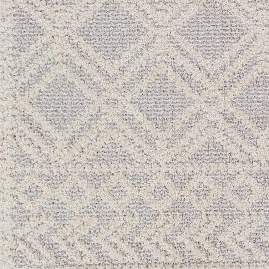 Close-up of Bansalan Area Rug showing cream and gray geometric pattern and soft, textured polyester material. Swatch