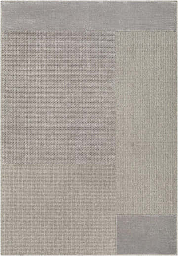 Close-up of the Bantiqui Area Rug. Viscose rug in shades of gray with a contemporary geometric pattern and varied textures. Design-Rectangle-5377