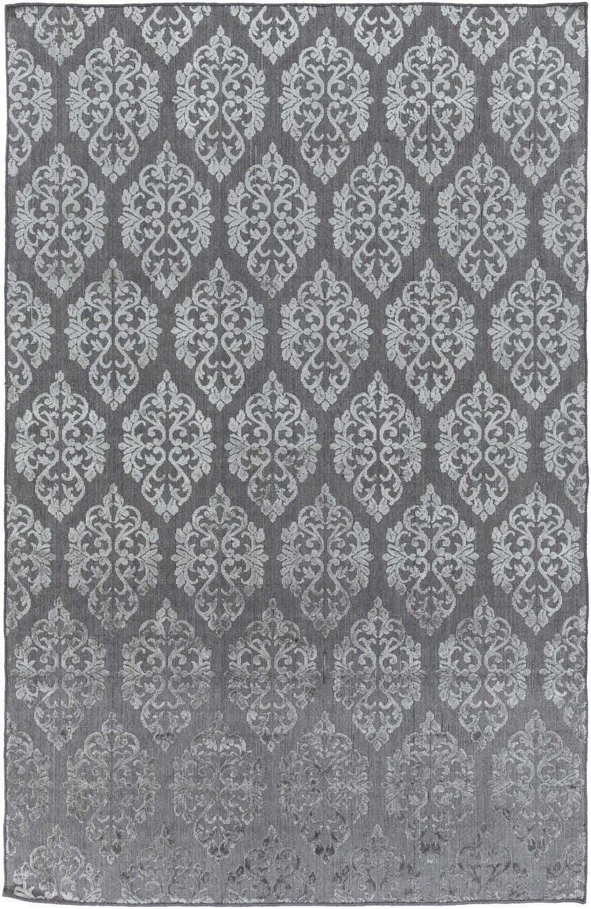Close-up of the Barclay Carpet. Gray, hand-knotted rug with a contemporary damask pattern and subtle texture. Design-Rectangle