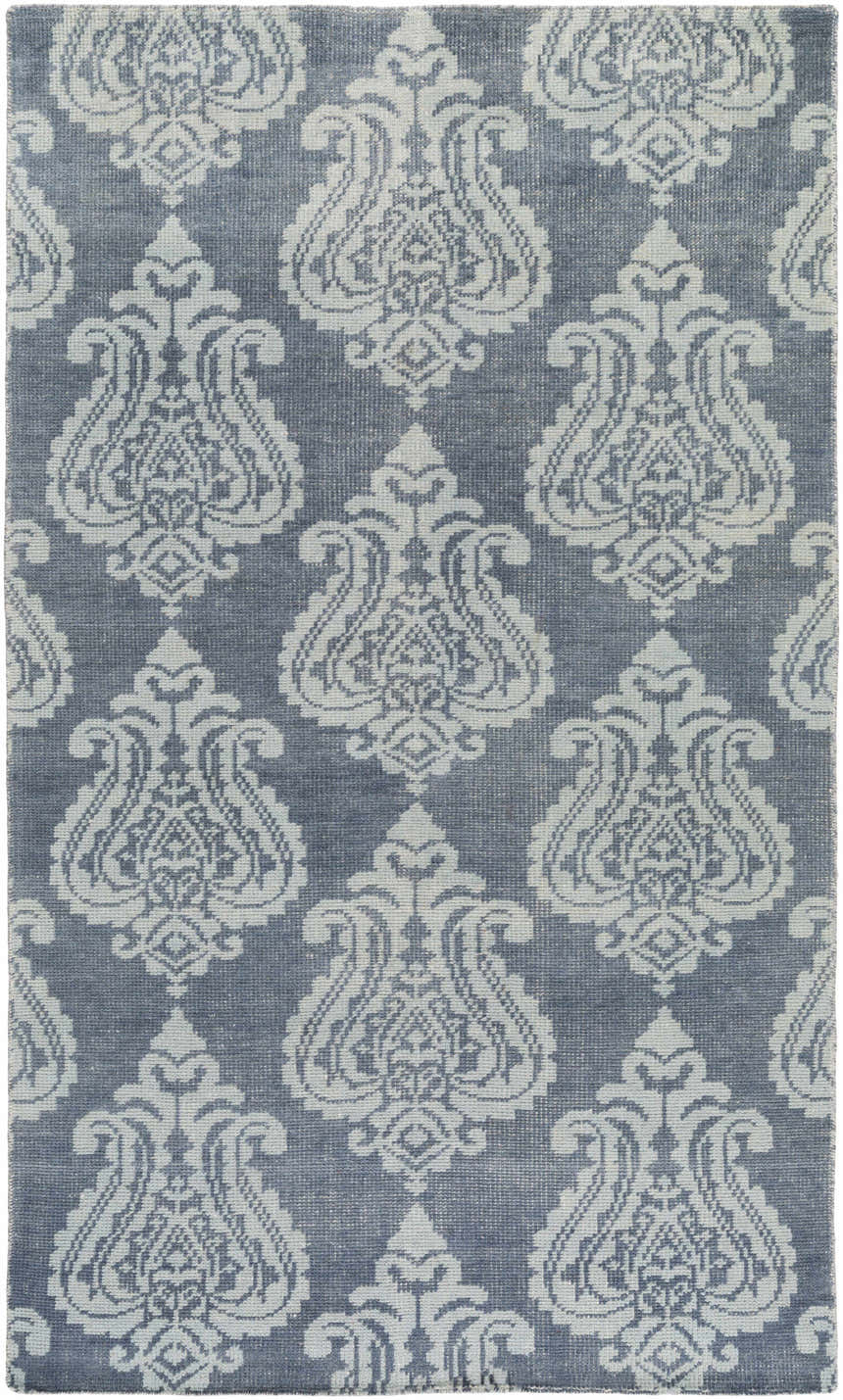 Close-up of the Bargersville Area Carpet - Clearance, featuring a blue and pale blue damask pattern. Hand-knotted wool texture. Design-Rectangle