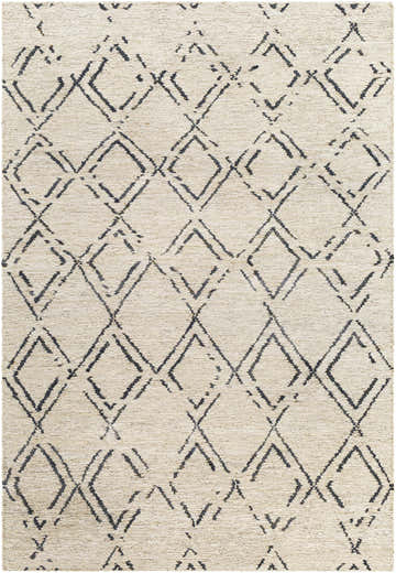 Close-up of Barlig Beige Trellis Jute Carpet, showcasing the hand-woven texture and black geometric diamond pattern. Design-Rectangle