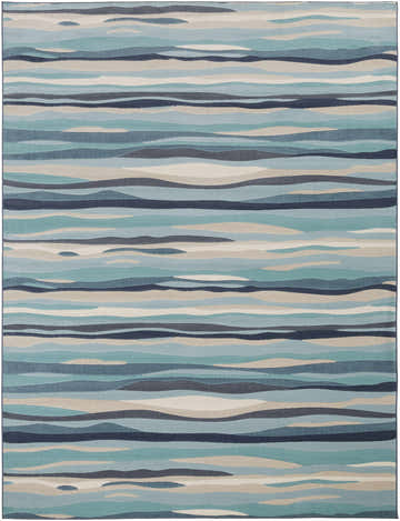 Close-up of the Basco Area Rug. Contemporary style with aqua, charcoal, beige, and blue wavy stripes. Design-Rectangle-710103