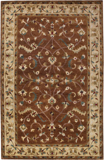 Close-up of the Batesburg Wool Area Carpet. Brown rug with beige floral border and traditional hand-knotted design. Design-Rectangle-58