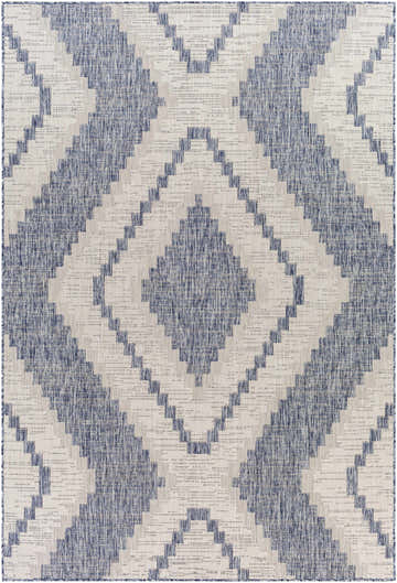 Close-up of McCrory Pale Blue Flat Rug. Geometric diamond pattern in pale blue, navy, and off-white. Machine woven texture. Design-Rectangle-537