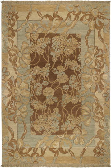 Detailed floral pattern on a hand-knotted Bayberry Area Carpet in camel, brown, beige, and faded driftwood hues. Design-Rectangle-69