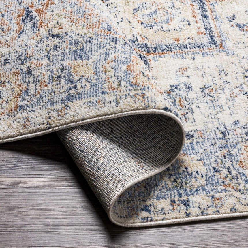 Close-up of the Bayog Area Rug showing its brick red, cream, denim, and light gray bohemian pattern and machine-woven construction. Fold