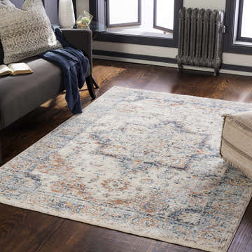 Living room scene with a brick red, cream, and denim Bayog Area Rug, gray sofa, and dark wood floors. Roomscene-Rectangle