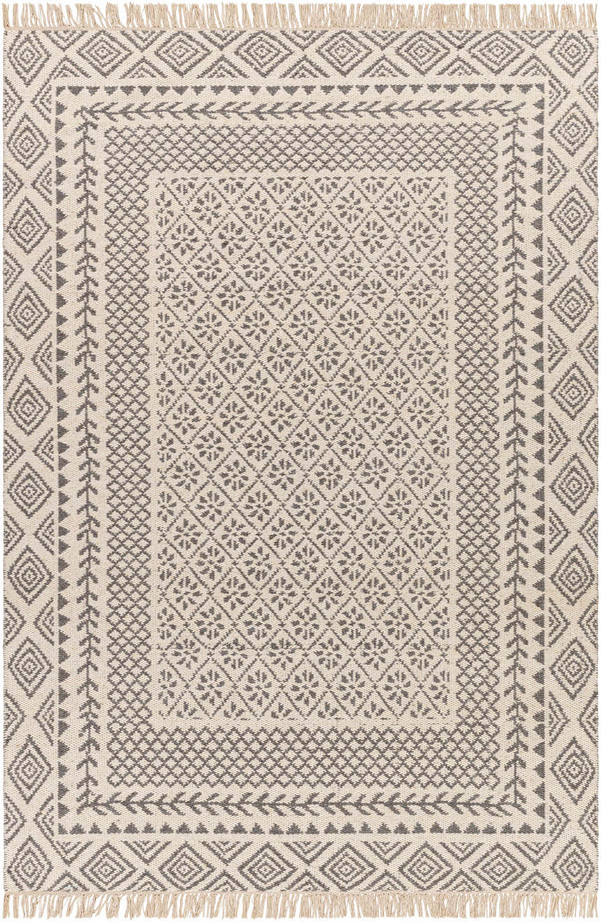Close-up of the Bayou Area Rug - Clearance, a hand-woven wool rug in beige and gray with a geometric diamond pattern and fringe. Design-Rectangle-576