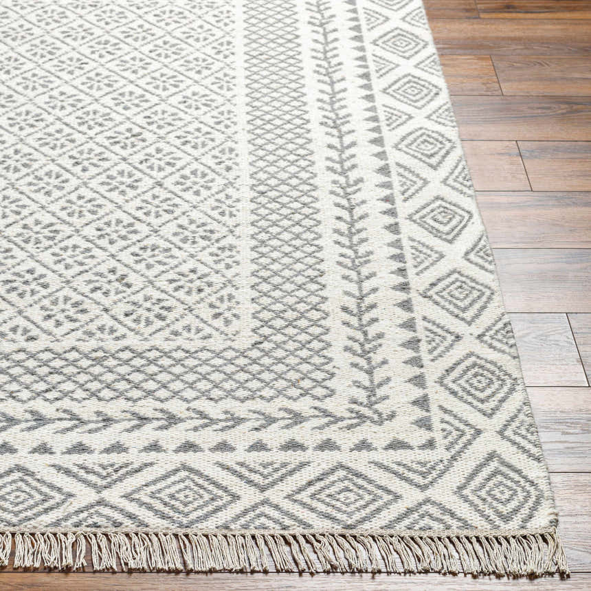 Close-up of the hand-woven Bayou Area Rug. Beige and gray farmhouse style rug with geometric patterns and fringe. Front