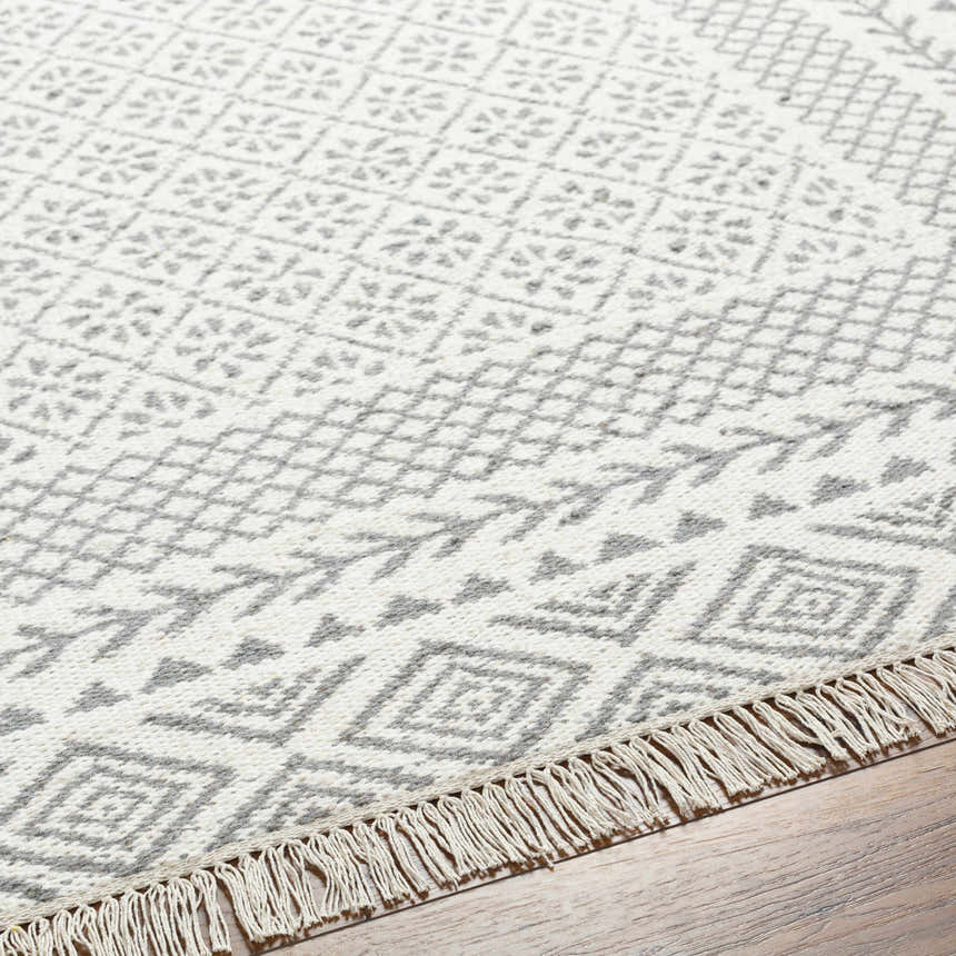 Close-up of the Bayou Area Rug showcasing its beige and gray diamond pattern and hand-woven wool texture with fringe. Texture