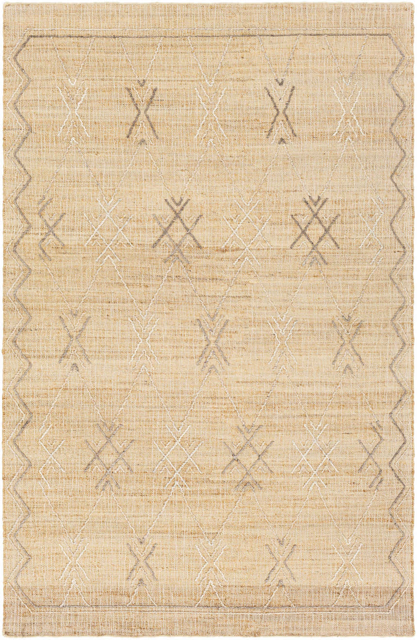 Close-up of the Beatrice Area Rug. Beige jute rug with gray and off-white geometric diamond pattern. Hand woven texture. Design-Rectangle-58