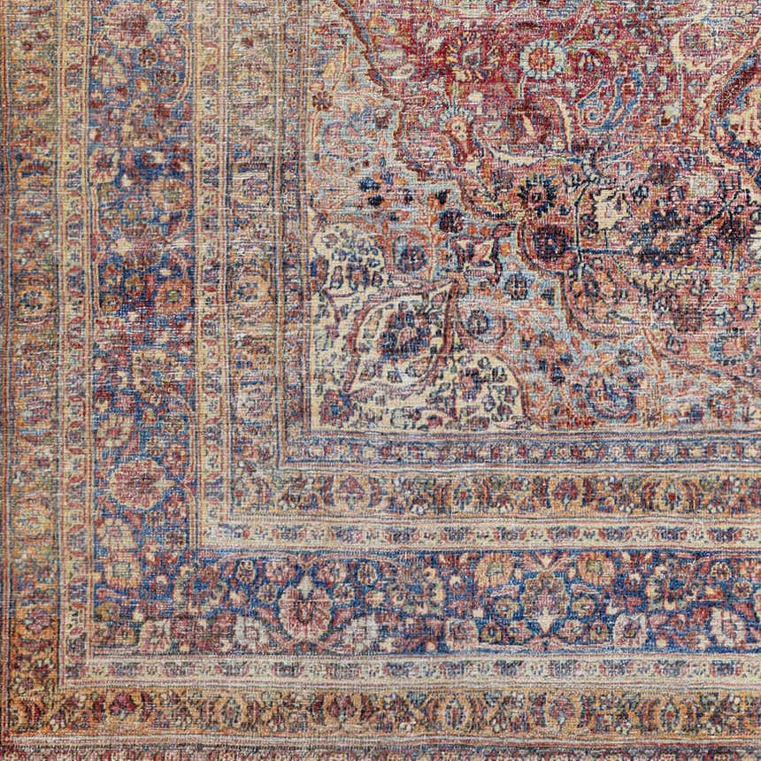 Close-up of the Belison Washable Area Rug. Traditional farmhouse style with red, blue, and beige floral pattern and border. Swatch