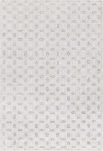 Close-up of the Belzoni Carpet. Hand-knotted viscose rug in cream, off-white, and light slate with a geometric pattern. Design-Rectangle-69