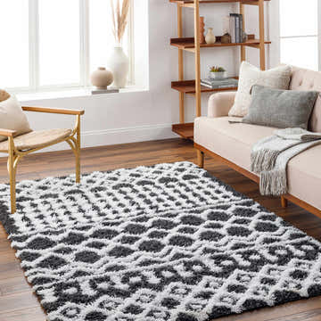 Living room scene with a geometric dark gray and white Bente Shag Area Rug, beige sofa, and wooden chair and shelf. Roomscene-Rectangle