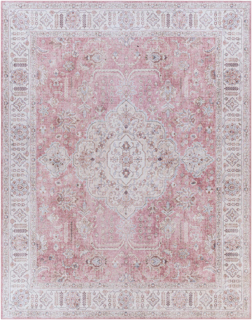 Detailed Bergman Distressed Red Area Rug with blush, cream, and mauve oriental pattern. Design-Rectangle-7696