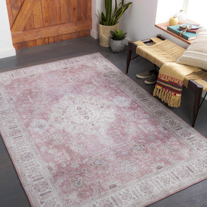 Entryway with a Bergman Distressed Red Area Rug, wooden bench, and plants creating a warm, inviting farmhouse feel. Roomscene-Rectangle