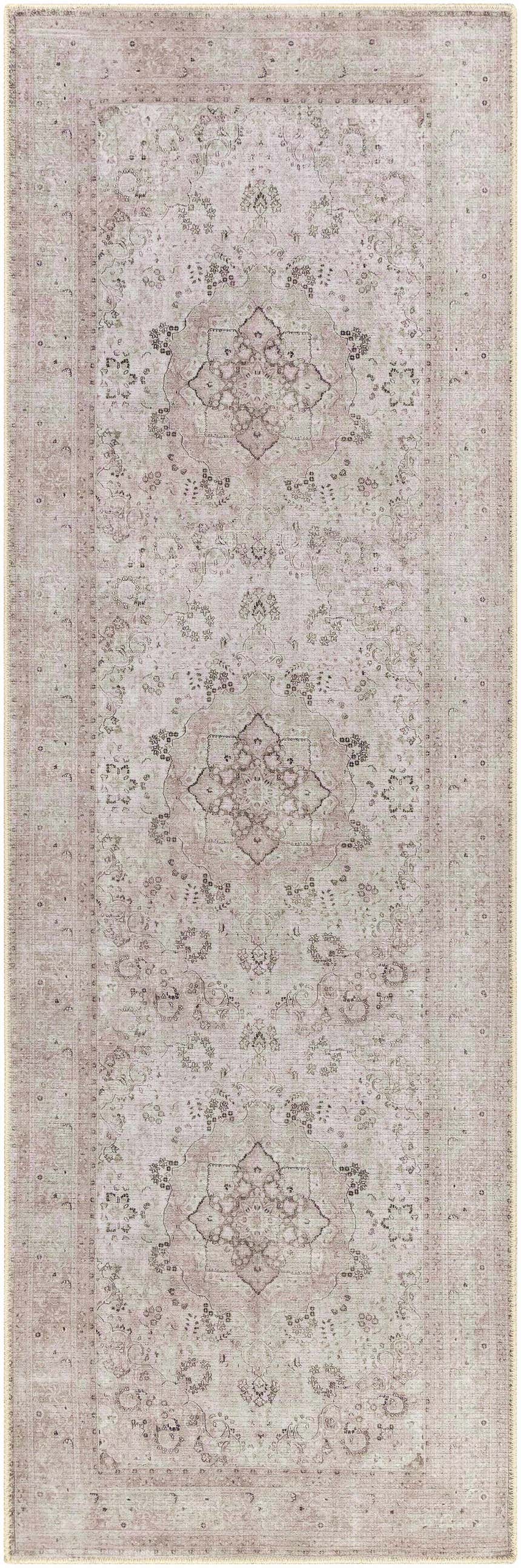 Close-up of the Bethany Vintage Flat Pile Washable Rug, featuring a traditional floral pattern in beige, blush, and olive tones. Design-Runner-27710