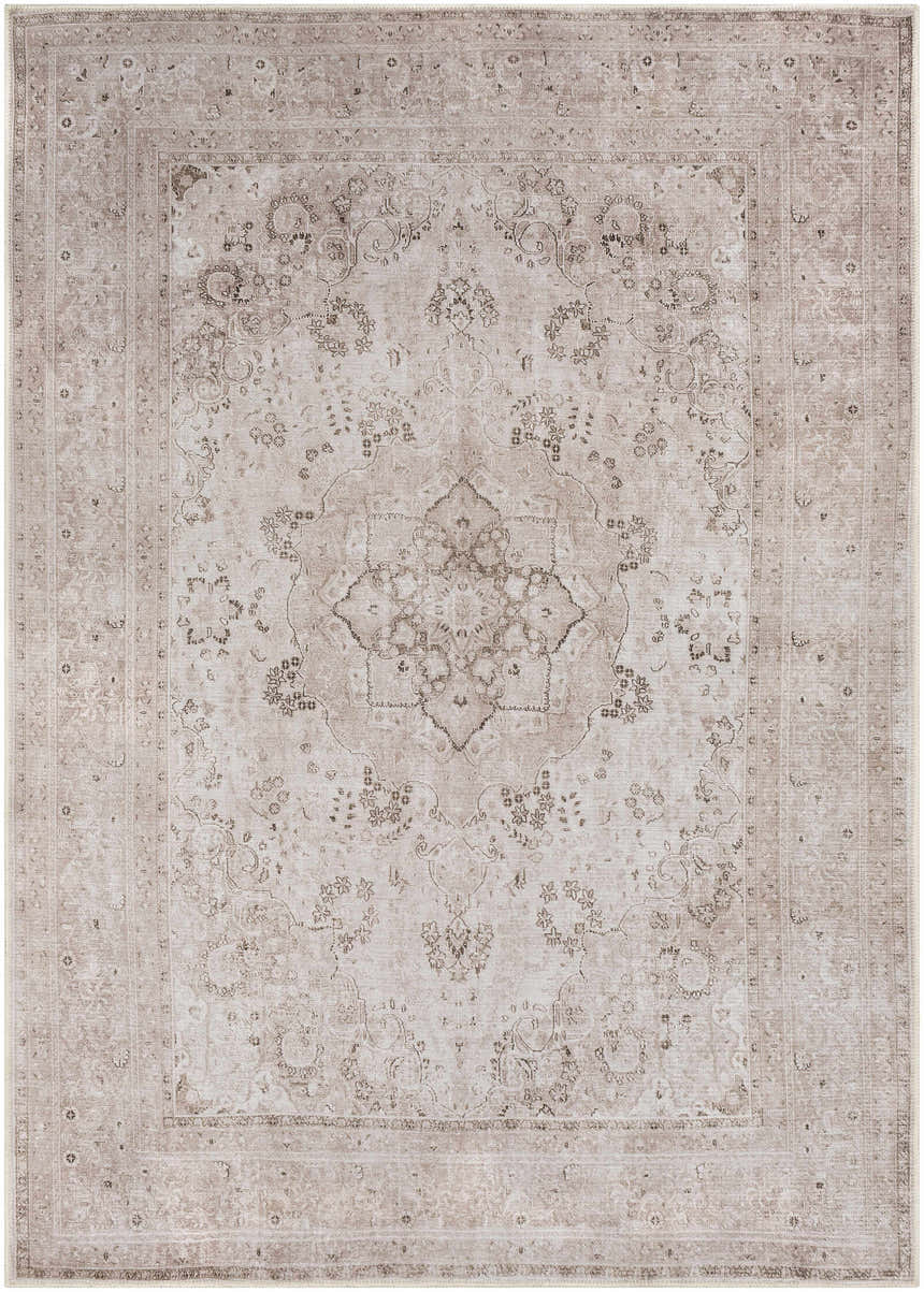 Close-up of the Bethany Vintage Flat Pile Washable Rug, showcasing its beige and tan traditional floral pattern and flat pile texture. Design-Rectangle-5373