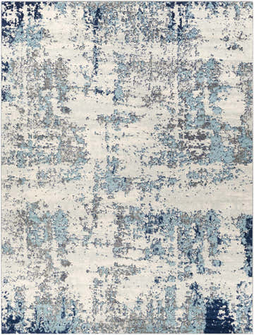 Close-up of the Beverly Abstract Blue Area Rug, featuring an abstract pattern in aqua, charcoal, dark blue, light slate, and white. Design-Rectangle-710103