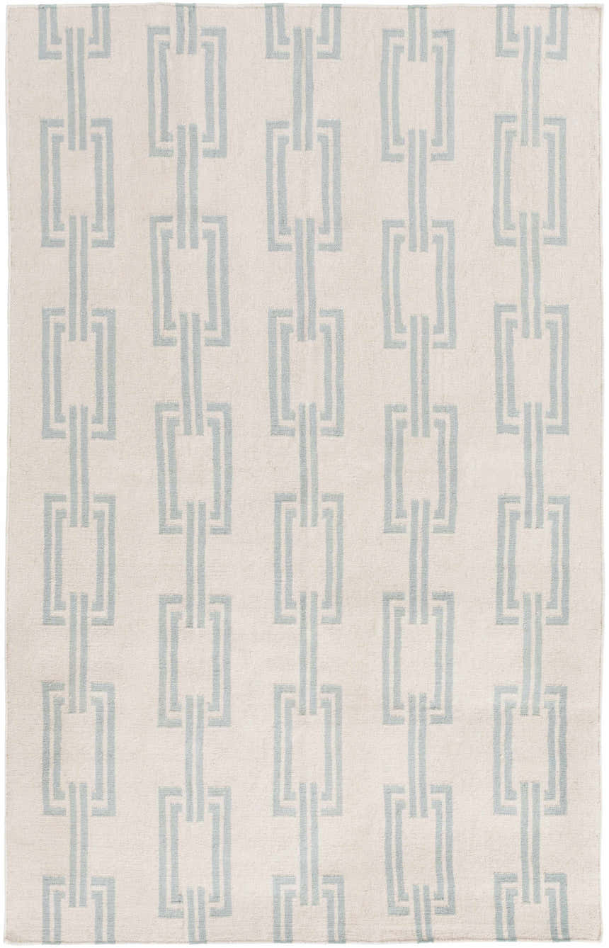 Close-up of the Billerica Area Carpet. Beige wool rug with a contemporary dusty sage chain-link pattern. Hand woven texture. Design-Rectangle-58