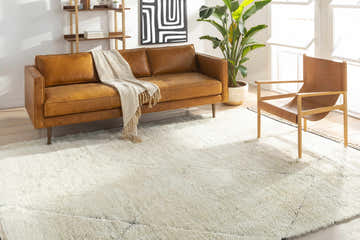 Living room with a tan leather sofa, chair, and the cream-colored Birdwell Area Rug. Roomscene-Rectangle