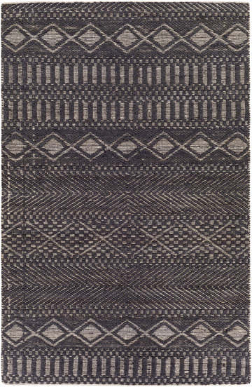 Close-up of Bithlo Jute Carpet. Black and light beige rug with a geometric, hand-woven pattern and jute texture. Design-Rectangle-576