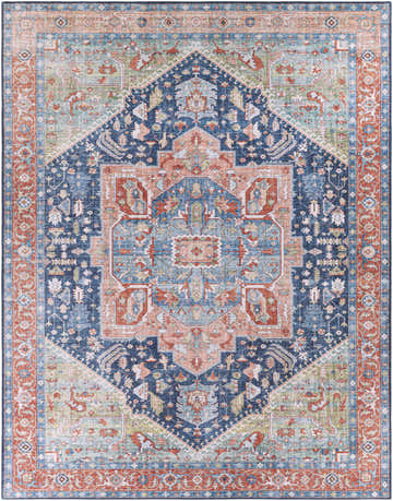 Detailed view of the Blaze Area Rug, a traditional Persian style rug in blue, brick red, and sage. Design-Rectangle-7696