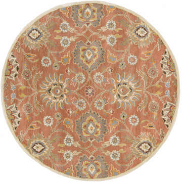 Close-up of the round Conesus 1112 rug. Hand-tufted wool rug with a floral, oriental pattern in beige, brick red, and brown tones. Design-Round-6