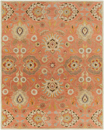 Close-up of the Conesus 1112 rug. Hand-tufted wool rug with a traditional floral pattern in beige, brown, and brick red on a burnt orange ground. Design-Rectangle-7696