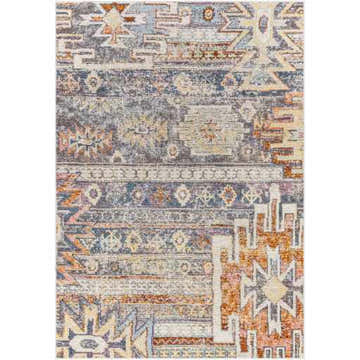 Detailed texture of the Blackmoor Aztec Area Rug, featuring blue, orange, and white Southwestern-style patterns. Design-Rectangle-5373
